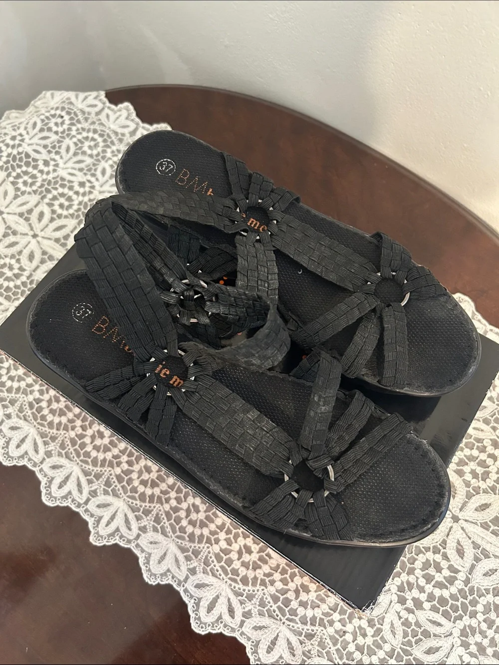 Bernie Mev. Crystal Black Woven Platform Sandals Size 37 with Box